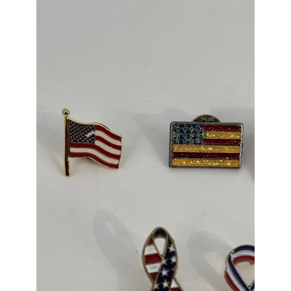 Vintage Patriotic Enamel Lapel Pin Lot Of 9 Pins American Flag Red White Blue